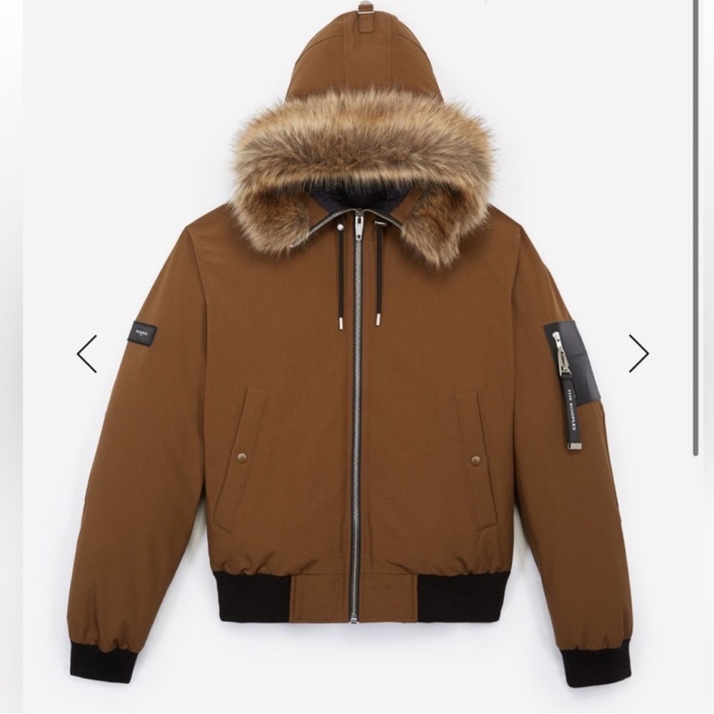 The Kooples Brown Hooded Puffer Jacket with Fur Trim